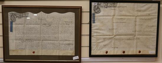 Two George II indentures, framed and glazed